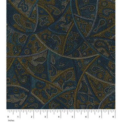 This deeply emotional representation of lost cultural connections in muted shades of blue, turquoise, gold and white is an excellent Australian Aboriginal Fabric.