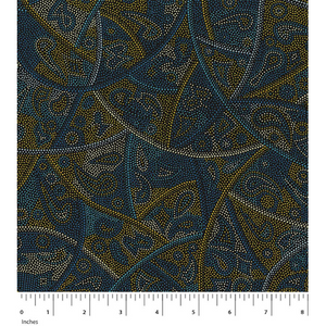 This deeply emotional representation of lost cultural connections in muted shades of blue, turquoise, gold and white is an excellent Australian Aboriginal Fabric.