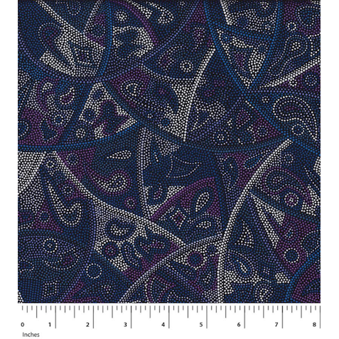 This deeply emotional representation of lost cultural connections in muted shades of purple, blue and white is an excellent Australian Aboriginal Fabric.