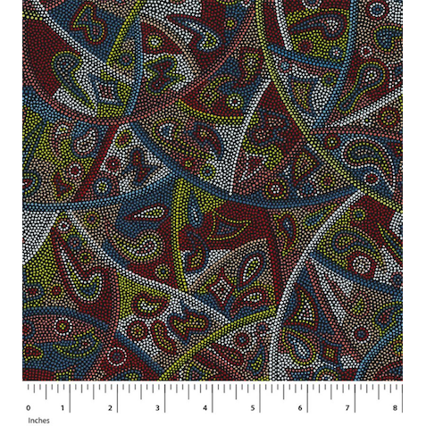 This deeply emotional representation of lost cultural connections in muted shades of red, gold, white and blue is an excellent Australian Aboriginal Fabric. 
