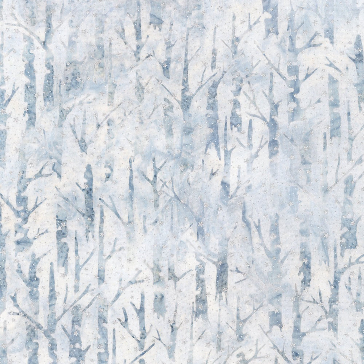 Magical Winter - Sky shows bare tree silhouettes against a cold blue sky, with silvery stars and little snow flakes floating down . 