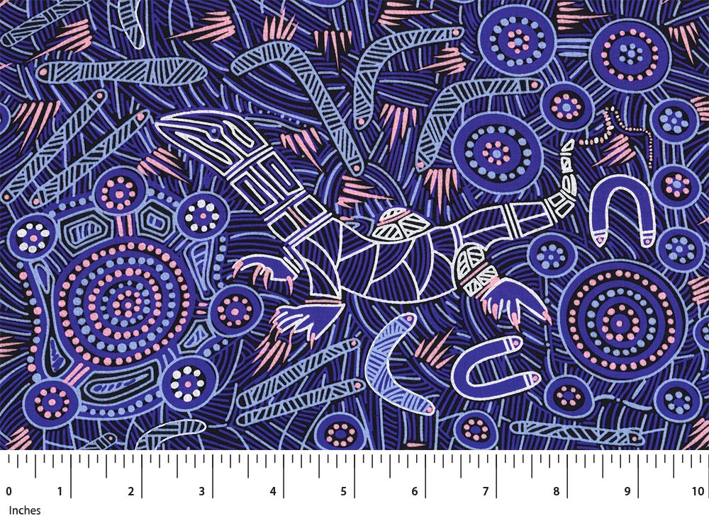 Man& Goanna 2 Rayon in purple  is an attractive design of goannas in purple and white with coral accents and different shades of purples on a black background. 