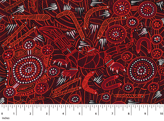 Man& Goanna 2 Rayon in red  is an attractive design of goannas in bright red, bordeaux and black,  with orange accents and different shades of reds on a black background. 