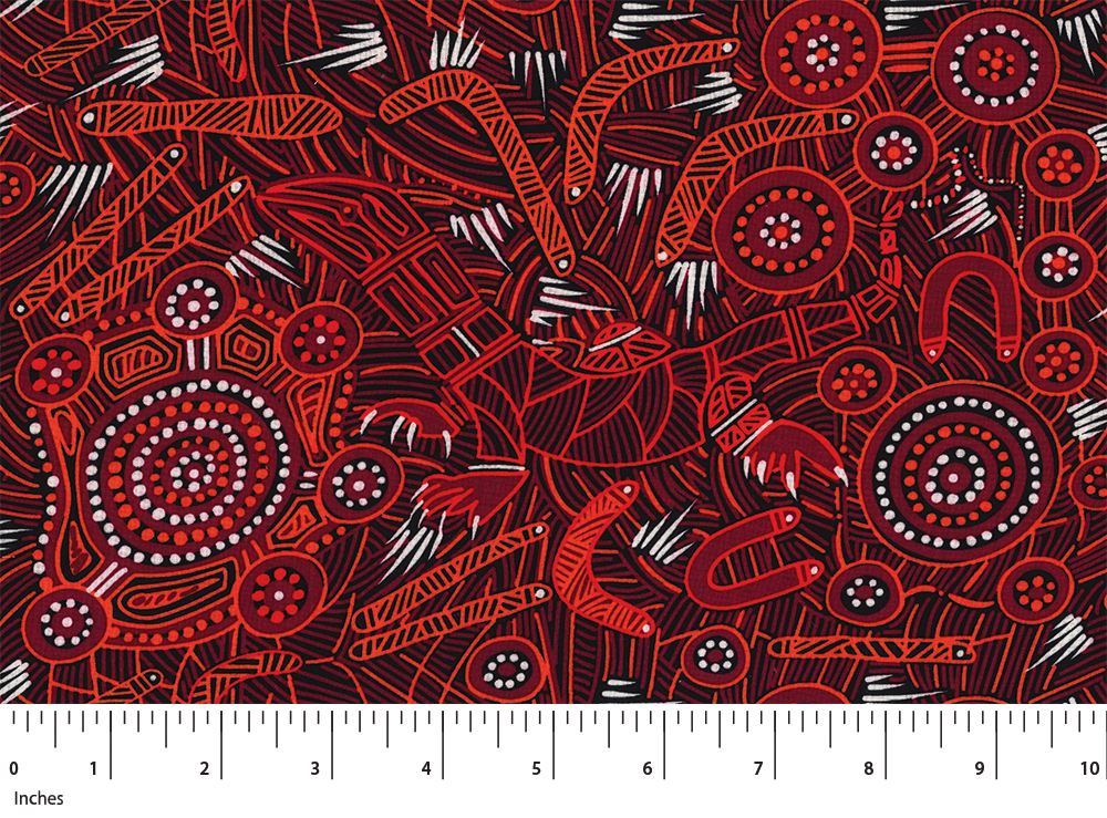Man& Goanna 2 Rayon in red  is an attractive design of goannas in bright red, bordeaux and black,  with orange accents and different shades of reds on a black background. 