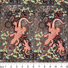 Man and Goanna Black Australian Aboriginal Fabric by Gary Reid features brown Goannas walking sticks and people on a black background with green leaves strewn around