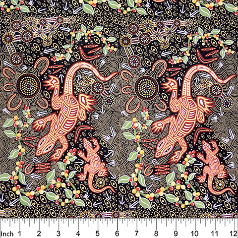 Man and Goanna Black Australian Aboriginal Fabric by Gary Reid features brown Goannas walking sticks and people on a black background with green leaves strewn around