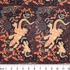 Man and Goanna Brown Australian Aboriginal fabric by Gary Reid depicts a nice collection of orange brown goannas on a black background, adorned with brown leaves and brown and turquoise flowers