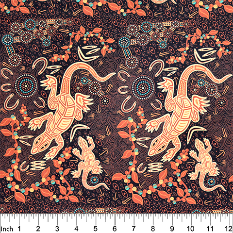 Man and Goanna Brown Australian Aboriginal fabric by Gary Reid depicts a nice collection of orange brown goannas on a black background, adorned with brown leaves and brown and turquoise flowers