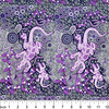 Man and Goanna Violet by Gary Reid Australian Aboriginal fabric depicts a nice collection of purple goannas on a black background, adorned by purple leaves