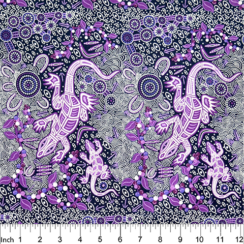 Man and Goanna Violet by Gary Reid Australian Aboriginal fabric depicts a nice collection of purple goannas on a black background, adorned by purple leaves