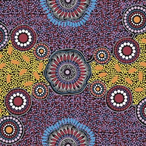 Various circles in Meeting Places Black Australian Aboriginal fabric represent the waterholes and the people sitting around the circle to discuss their community matters. 