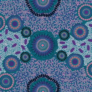 Various circles in Meeting Places Ecru Australian Aboriginal fabric represent the waterholes and the people sitting around the circle to discuss their community matters. 
