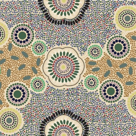 Various circles in Meeting Places Ecru Australian Aboriginal fabric represent the waterholes and the people sitting around the circle to discuss their community matters. 