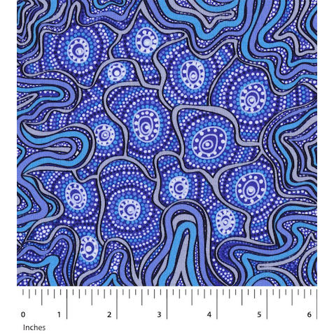 Meteors Purple Australian Aboriginal fabric by Heather Kennedy depicts a slew of meteors dotting the purple and turquoise sky.