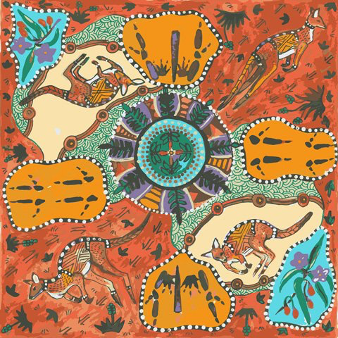 Mirram Mirram Aka Red Australian Aboriginal fabric by Nambooka depicts colorful kangaroos on an ecru background, surrounded by fauna and flora in red and turquoise.