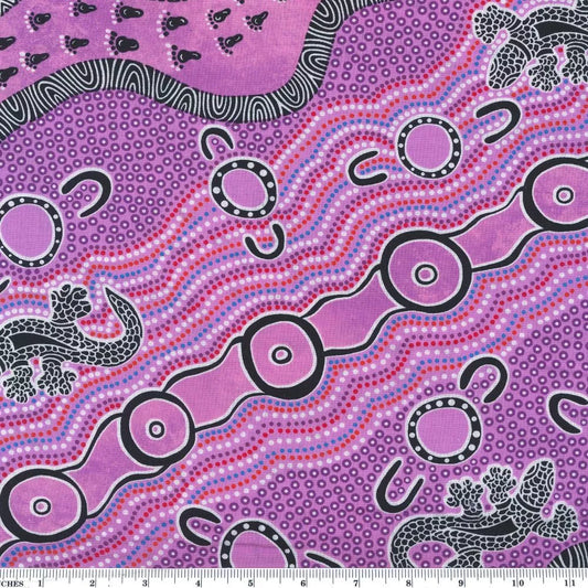 Mulaka Hunting pink Australian Aboriginal fabric by Heather Kennedy depicts a scene of streaming water, people's footprints and Goannas in a fresh, modern feeling color scheme of pink, purple and green, with black and white.