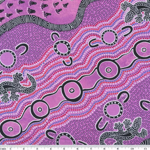 Mulaka Hunting pink Australian Aboriginal fabric by Heather Kennedy depicts a scene of streaming water, people's footprints and Goannas in a fresh, modern feeling color scheme of pink, purple and green, with black and white.