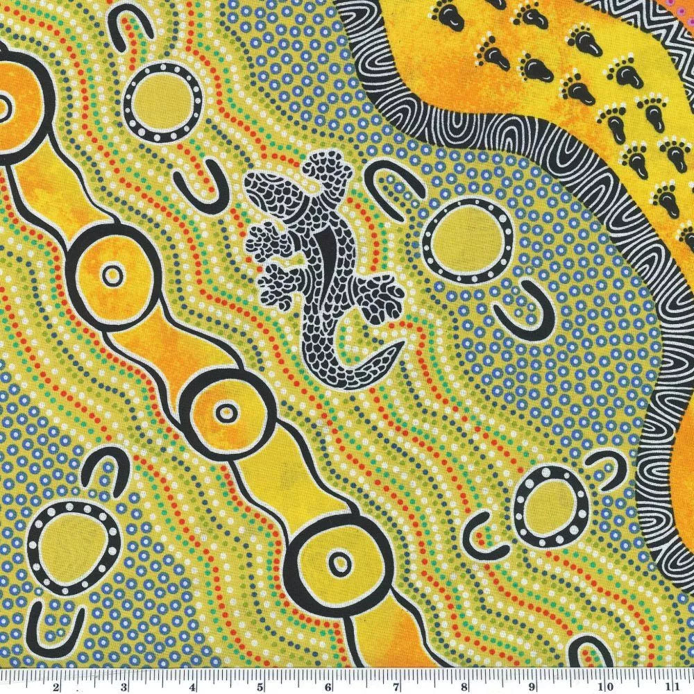 Mulaka Hunting yellow Australian Aboriginal fabric by Heather Kennedy depicts a scene of streaming water, people's footprints and Goannas in a fresh, modern feeling color scheme of a limey yellow, warm yellow, orange and pink, with black and white.