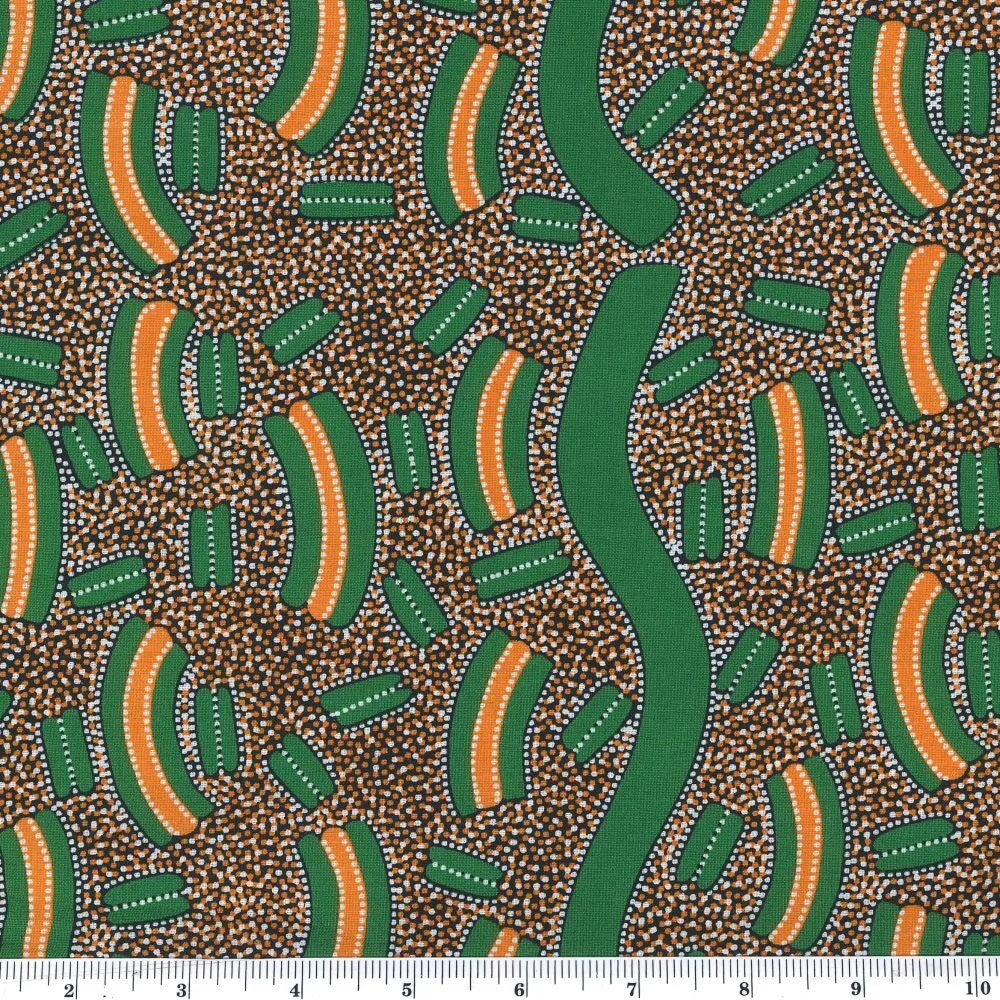 Mulga Seeds - green - Australian fabric by Lindsay Bird is an abstract design in typical bush colors: a dotted background that "reads" as a bush brown, with long wavy designs in green and shorter arched designs in green with a yellow middle stripe.