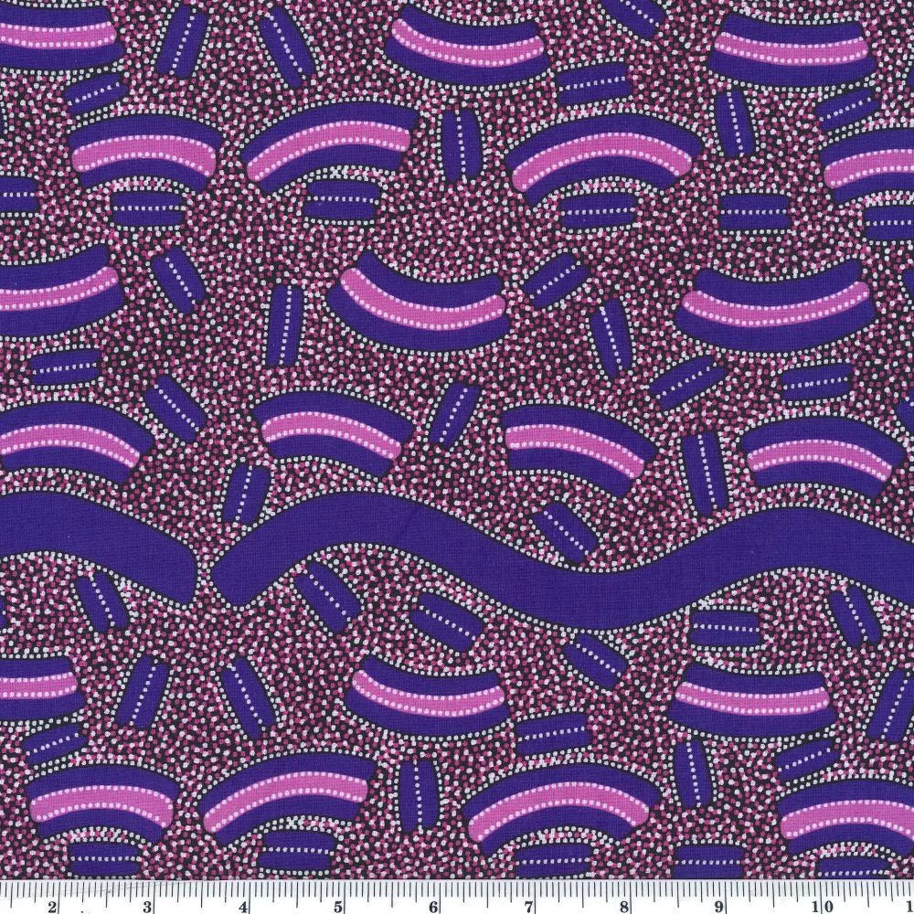Mulga Seeds - purple - Australian fabric by Lindsay Bird is an abstract design in soothing vivid colors: a background made up of tiny dark pink, black and white dots, with long wavy designs in imperial purple and shorter arched designs in imperial purple with a pink middle stripe. 