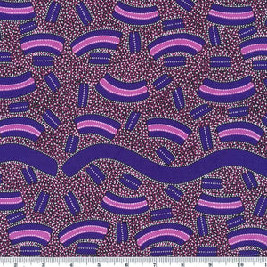 Mulga Seeds - purple - Australian fabric by Lindsay Bird is an abstract design in soothing vivid colors: a background made up of tiny dark pink, black and white dots, with long wavy designs in imperial purple and shorter arched designs in imperial purple with a pink middle stripe. 