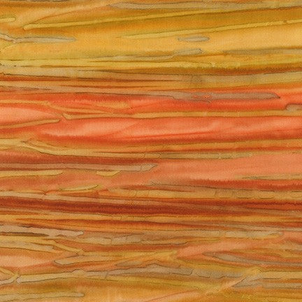Indonesian artists created this lovely hand painted Batik fabric in the warm oranges, browns, tans and gold of the sun setting over the ocean.
