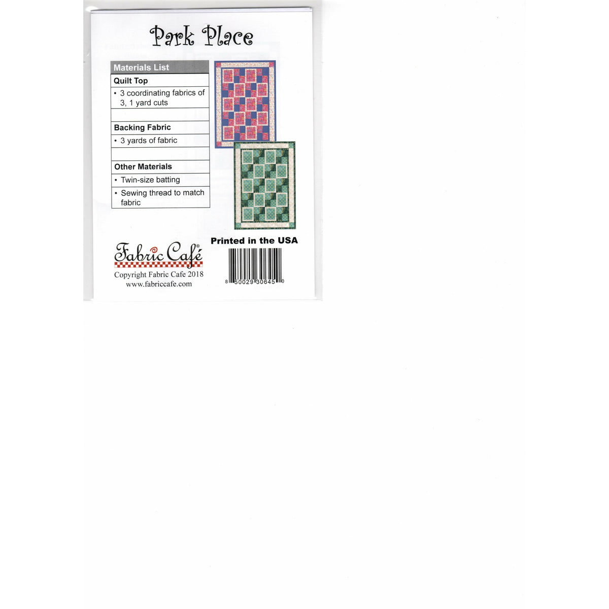 Park Place Quilt Pattern Fabric Cafe Single 3 Yard Quilt Pattern