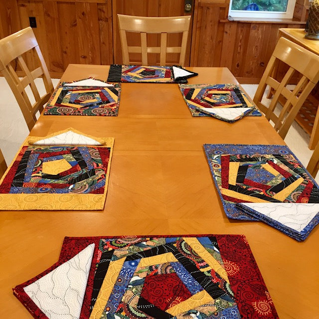 Six coordinating yet different placemats with matching napkins can be made from this pattern. 