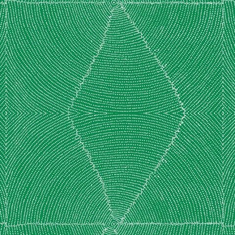 Plum Seeds Green Australian Aboriginal Fabric by Kathleen Pitjara depicts a cut-open Bush Plum where the white seeds are neatly arranged in circles around the middle pit with a green background