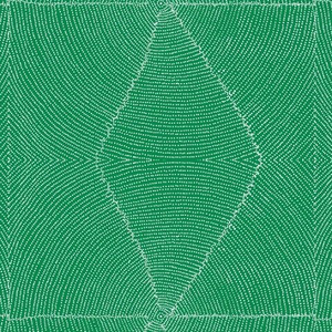 Plum Seeds Green Australian Aboriginal Fabric by Kathleen Pitjara depicts a cut-open Bush Plum where the white seeds are neatly arranged in circles around the middle pit with a green background