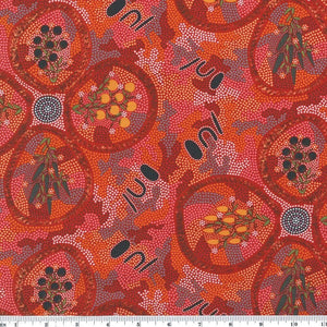 Popular Bush Tucker brown is a 100 % soft cotton fabric designed by the indigenous Australian artist Brenda Dixson, depicting black and orange bush tucker (tucker is an Australian word for food) on a rusty brown background. 