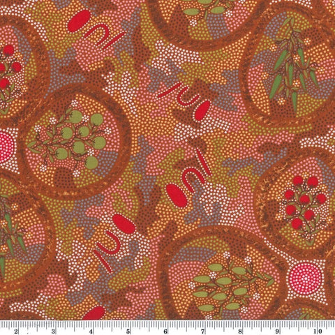 Popular Bush Tucker green is a 100 % soft cotton fabric designed by the indigenous Australian artist Brenda Dixon, depicting red and green bush tucker (tucker is an Australian word for food) on a muted brown background. 