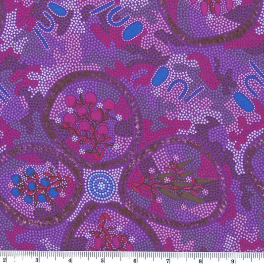  Popular Bush Tucker purple is a 100 % soft cotton fabric designed by the indigenous Australian artist Brenda Dixon, depicting deep magenta colored bush tucker (tucker is an Australian word for food) on a vivid background in pinks, purples and teal. 