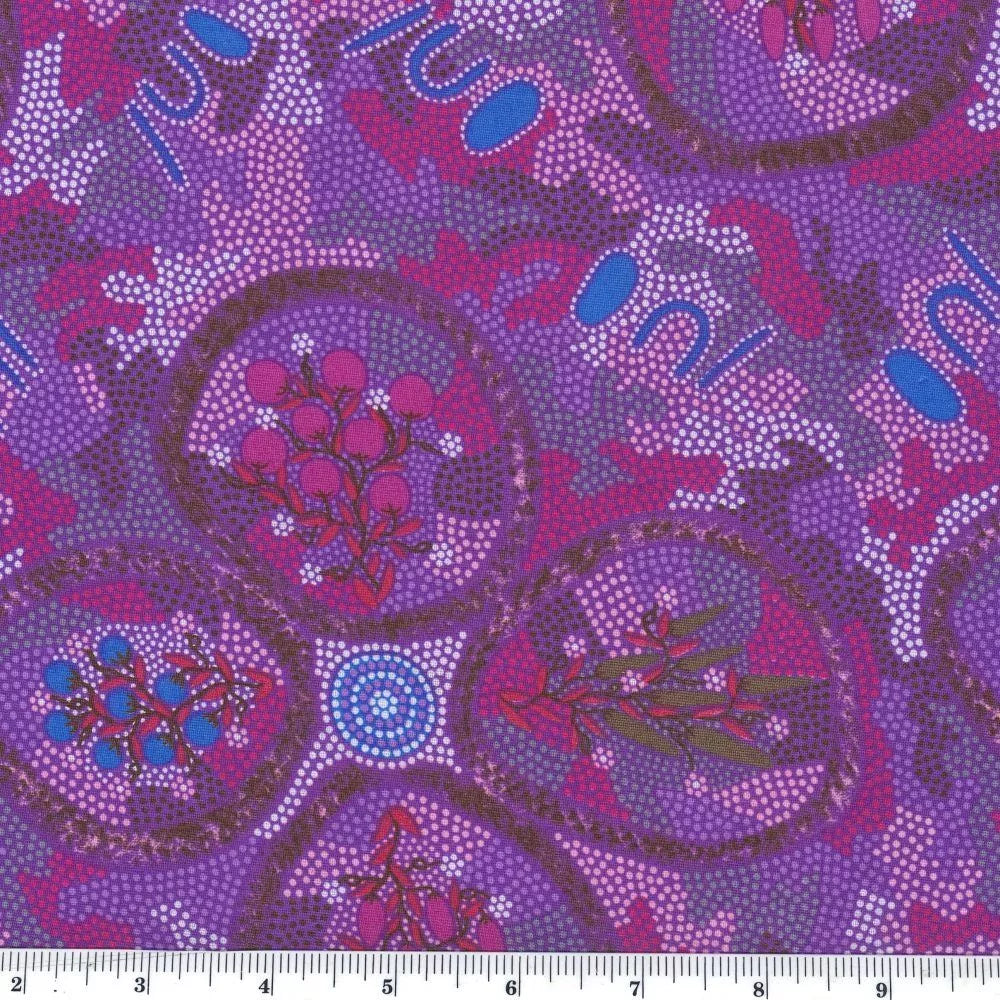  Popular Bush Tucker purple is a 100 % soft cotton fabric designed by the indigenous Australian artist Brenda Dixon, depicting deep magenta colored bush tucker (tucker is an Australian word for food) on a vivid background in pinks, purples and teal. 