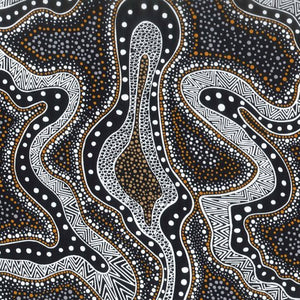Possum Land and Water Dreaming black Australian Aboriginal fabric is an attractive design in browns, blacks and white