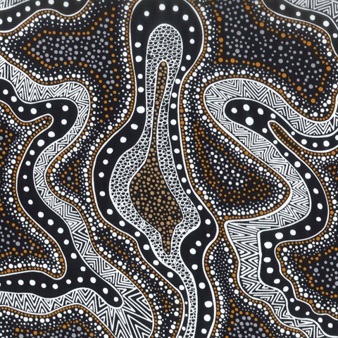 Possum Land and Water Dreaming black Australian Aboriginal fabric is an attractive design in browns, blacks and white