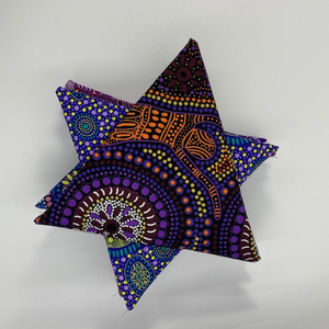 The picture shows a carefully curated selection of purple Australian Aboriginal fabrics, nicely arranged into a star.
