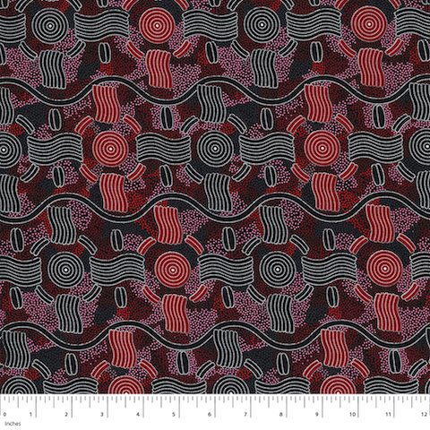 Rain Dreaming red - fine cotton fabric by Aboriginal artist Audrey Nungarrai