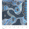 Regeneration Blue Australian Aboriginal fabric depicts seeds after a fire in beautiful undulating waves of soft blues, turquoise, white and navy.