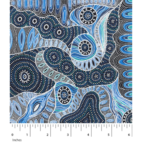 Regeneration Blue Australian Aboriginal fabric depicts seeds after a fire in beautiful undulating waves of soft blues, turquoise, white and navy.