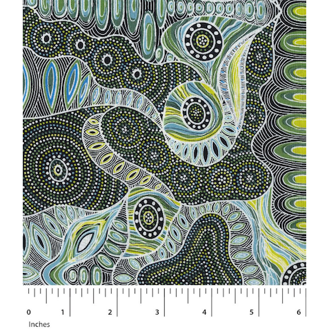 Regeneration Green Australian Aboriginal fabric depicts seeds after a fire in beautiful undulating waves of soft greens, lime, turquoise and black.