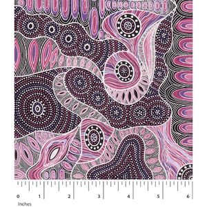 Regeneration Yellow Australian Aboriginal fabric depicts seeds after a fire in beautiful undulating waves of soft pinks, white and burgundy. 
