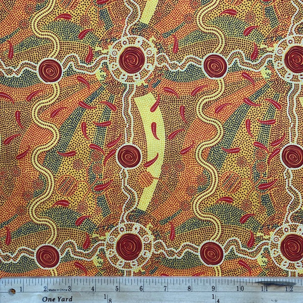 Roaring Forties yellow  Australian Aboriginal Fabric by Greg Matthews is a thoughtful design in vibrant shades of oranges, reds and dark greens on a Sunshiny yellow background. 