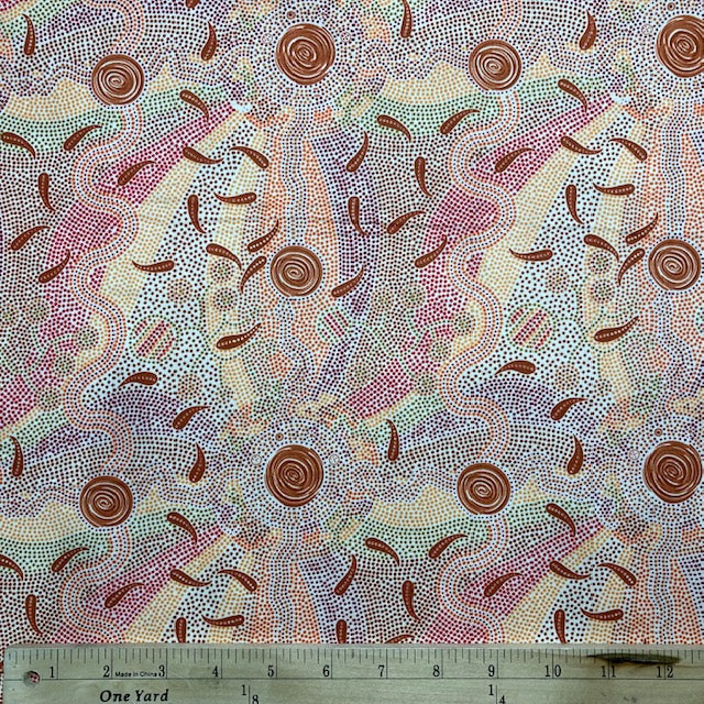 Roaring Forties ecru Australian Aboriginal Fabric by Greg Matthews is a thoughtful design in subtle shades of soft pinks, browns and greens on an ecru background. 