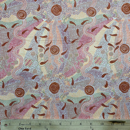 Roaring Forties ecru Australian Aboriginal Fabric by Greg Matthews is a thoughtful design in subtle shades of soft pinks, browns and greens on an ecru background. 