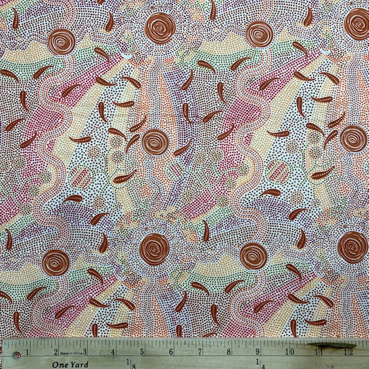Roaring Forties ecru Australian Aboriginal Fabric by Greg Matthews is a thoughtful design in subtle shades of soft pinks, browns and greens on an ecru background. 