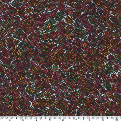 Seashell Dreaming red is a dense abstract design in a multitude of reds with muted green, charcoal and white accents