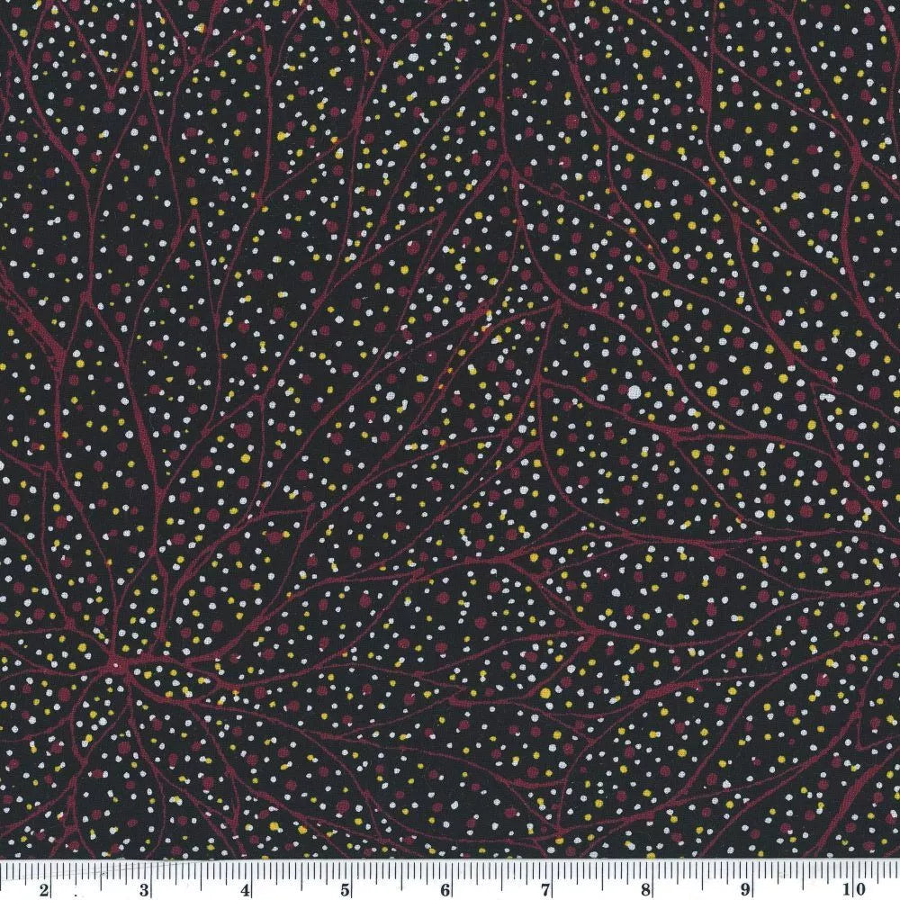 Seeds and Leaves dark brown is a 100 % soft cotton fabric designed by the indigenous  Australian artist  Gracie Morton, depicting dark brown outlined leaves, arranged in a circular fashion on a black background with brown, yellow and white little dots.