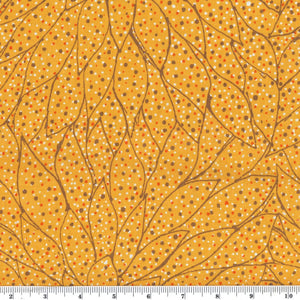 Seeds and Leaves gold is a 100 % soft cotton fabric designed by the indigenous  Australian artist  Gracie Morton, depicting medium brown outlined leaves, arranged in a circular fashion on a rich yellow background with brown, orange and white little dots.