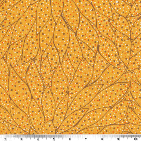 Seeds and Leaves gold is a 100 % soft cotton fabric designed by the indigenous  Australian artist  Gracie Morton, depicting medium brown outlined leaves, arranged in a circular fashion on a rich yellow background with brown, orange and white little dots.